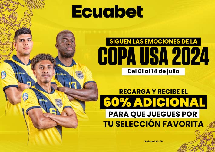 Aprovecha la Copa América para Recargar en Ecuabet y recibe un 60% adicional en tu depósito. ¡Usa tu bono y pronostica a los mejores partidos!