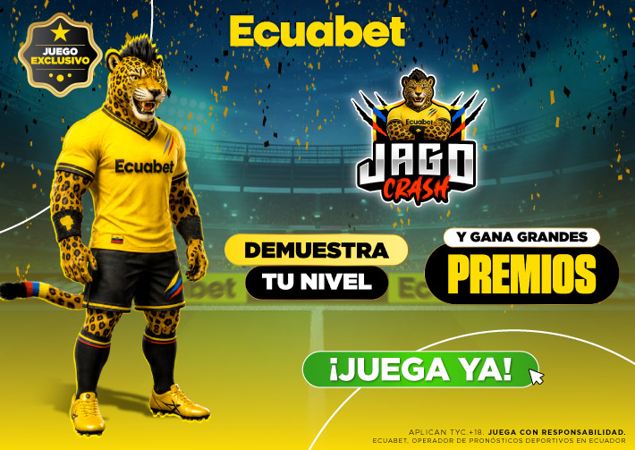 Jago Crash Ecuabet con Jago, nuestro jaguar futbolero, haciendo dominadas mientras el multiplicador crece en la plataforma.